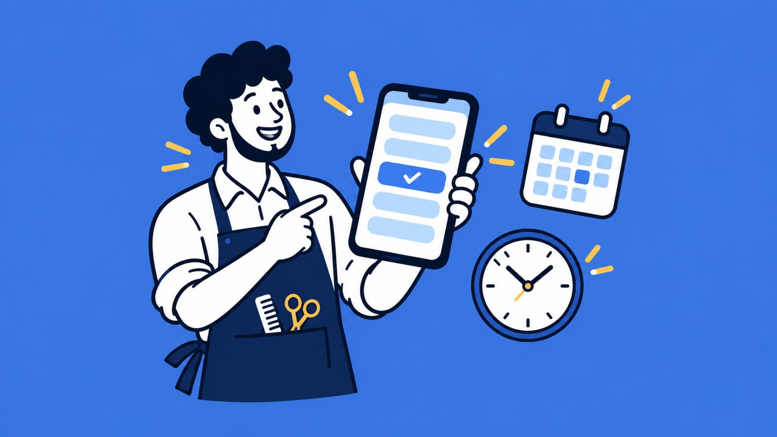 Ilustração de um barbeiro de avental mostrando um celular com horários de agendamento, com um calendário e um relógio ao lado