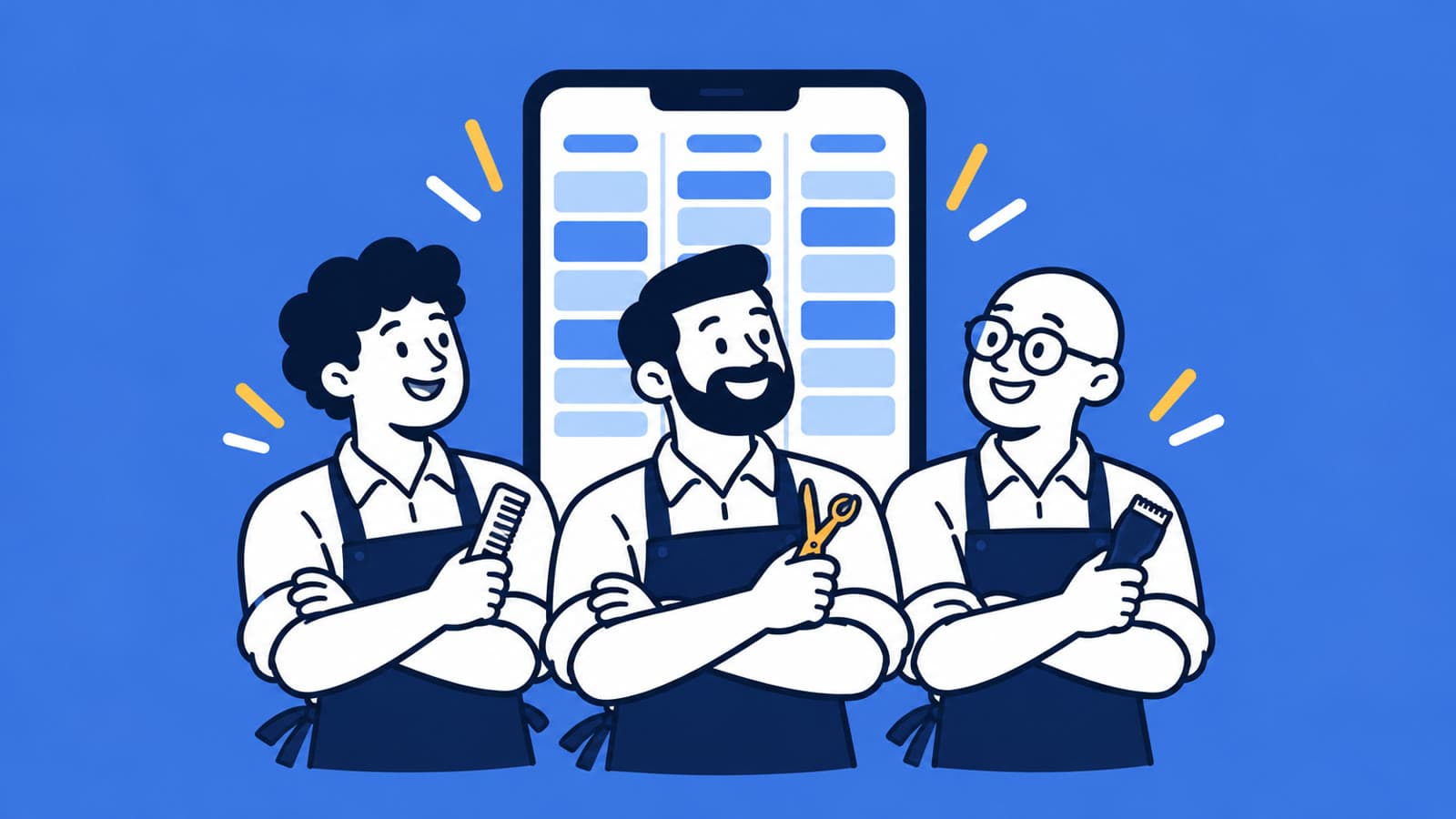 Ilustração de três barbeiros de avental lado a lado, na frente de uma agenda com três colunas de horários marcados