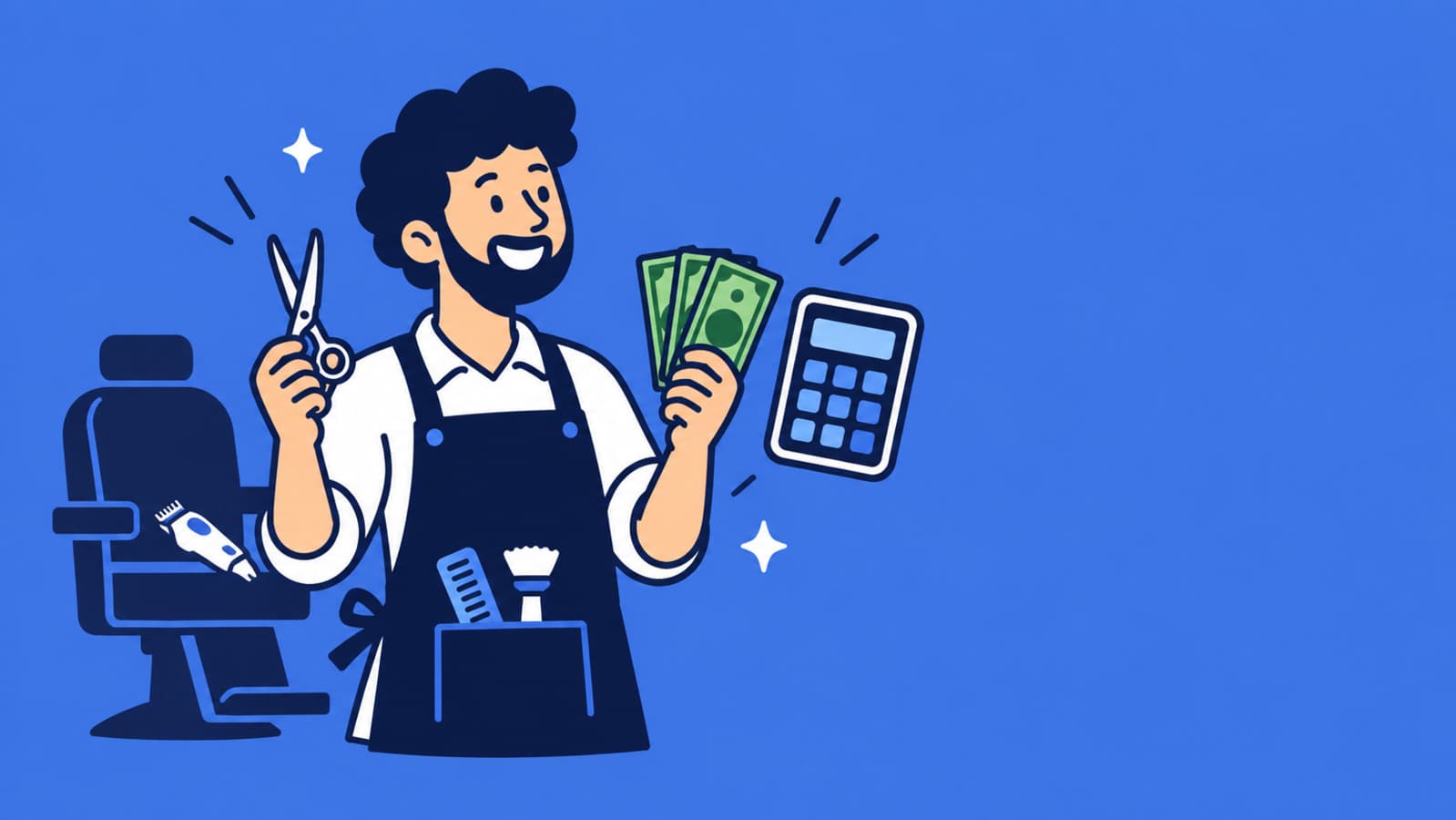 Ilustração em traço de um barbeiro contando dinheiro ao lado de uma calculadora e uma tesoura, com uma cadeira de barbearia ao fundo
