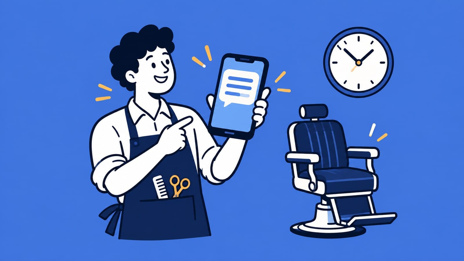 Ilustração em traço de um barbeiro olhando o celular com uma mensagem de lembrete, ao lado de uma cadeira de barbearia vazia e um relógio