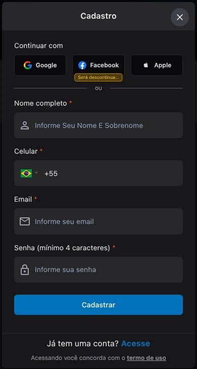Formulário de cadastro do AppBarber com nome, celular, e-mail e senha