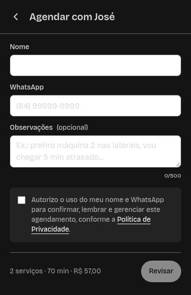 Tela de identificação do barbearia.app pedindo só nome e WhatsApp