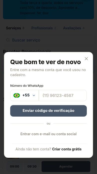 Janela de login do Barbeiro.app pedindo número do WhatsApp antes de mostrar horários