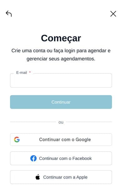 Tela do Booksy pedindo e-mail ou login social para agendar