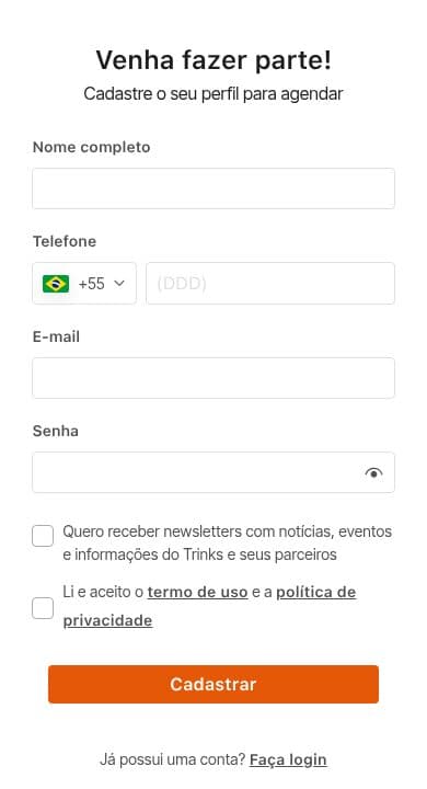 Formulário de cadastro do Trinks com nome, telefone, e-mail e senha