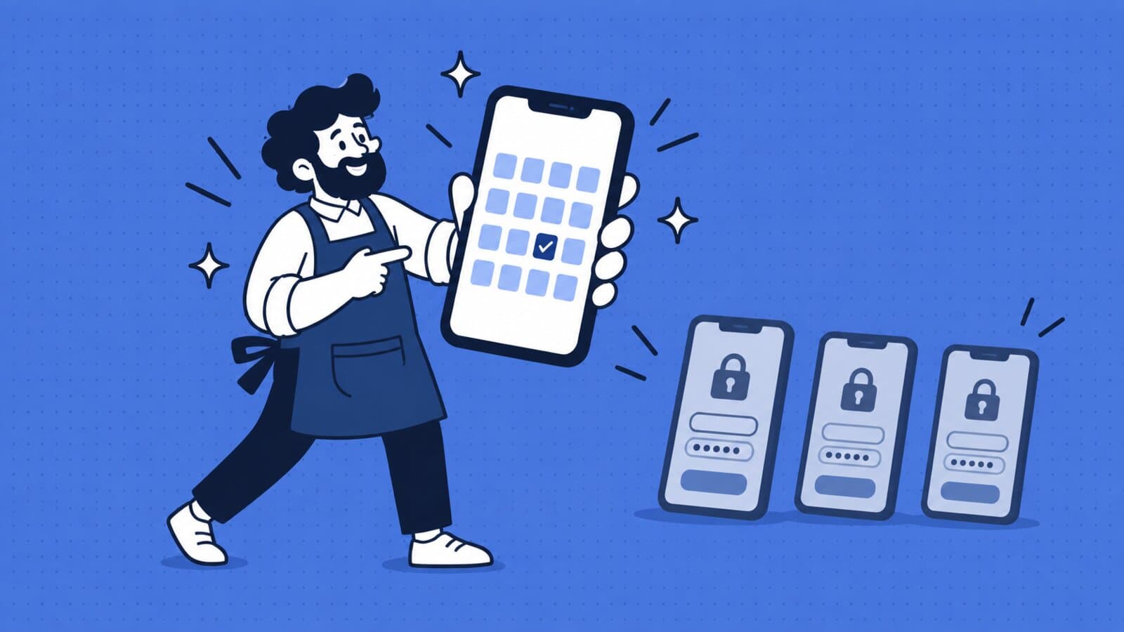 Ilustração em traço de um barbeiro segurando um celular com a agenda aberta, ao lado de três celulares mais apagados mostrando telas de login
