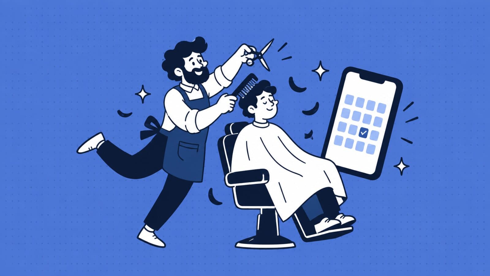 Ilustração em traço de um barbeiro animado cortando o cabelo de um cliente na cadeira, com um celular ao lado mostrando a agenda com um dia marcado
