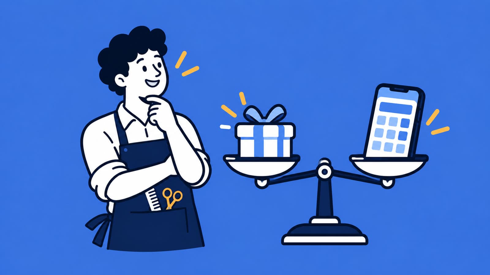 Ilustração de um barbeiro de avental pensativo ao lado de uma balança com um presente de um lado e um celular com agenda do outro