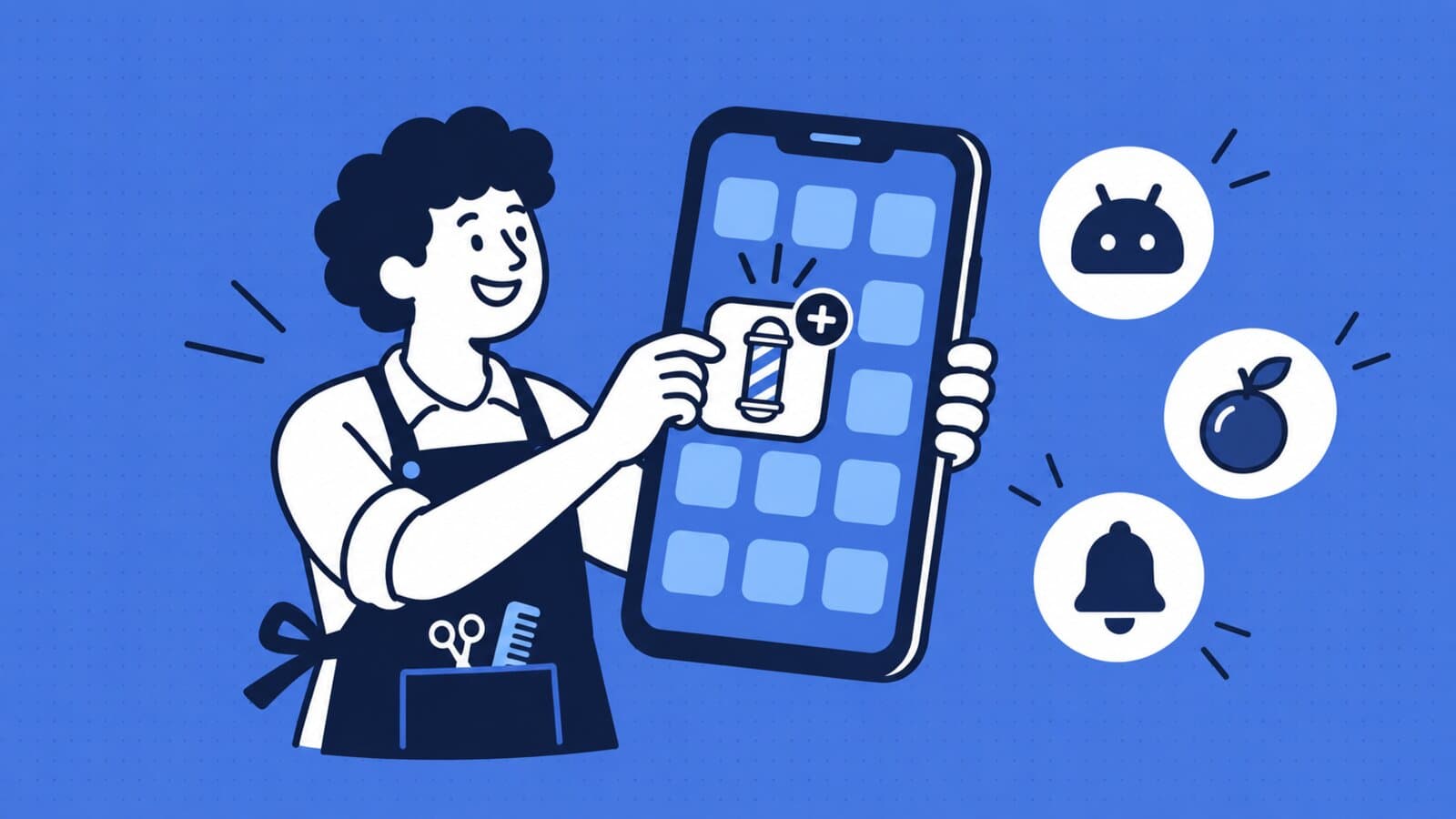 Ilustração em traço de um barbeiro colocando o ícone do barbearia.app na tela inicial de um celular grande, com ícones de Android, iPhone e sino de notificação ao lado