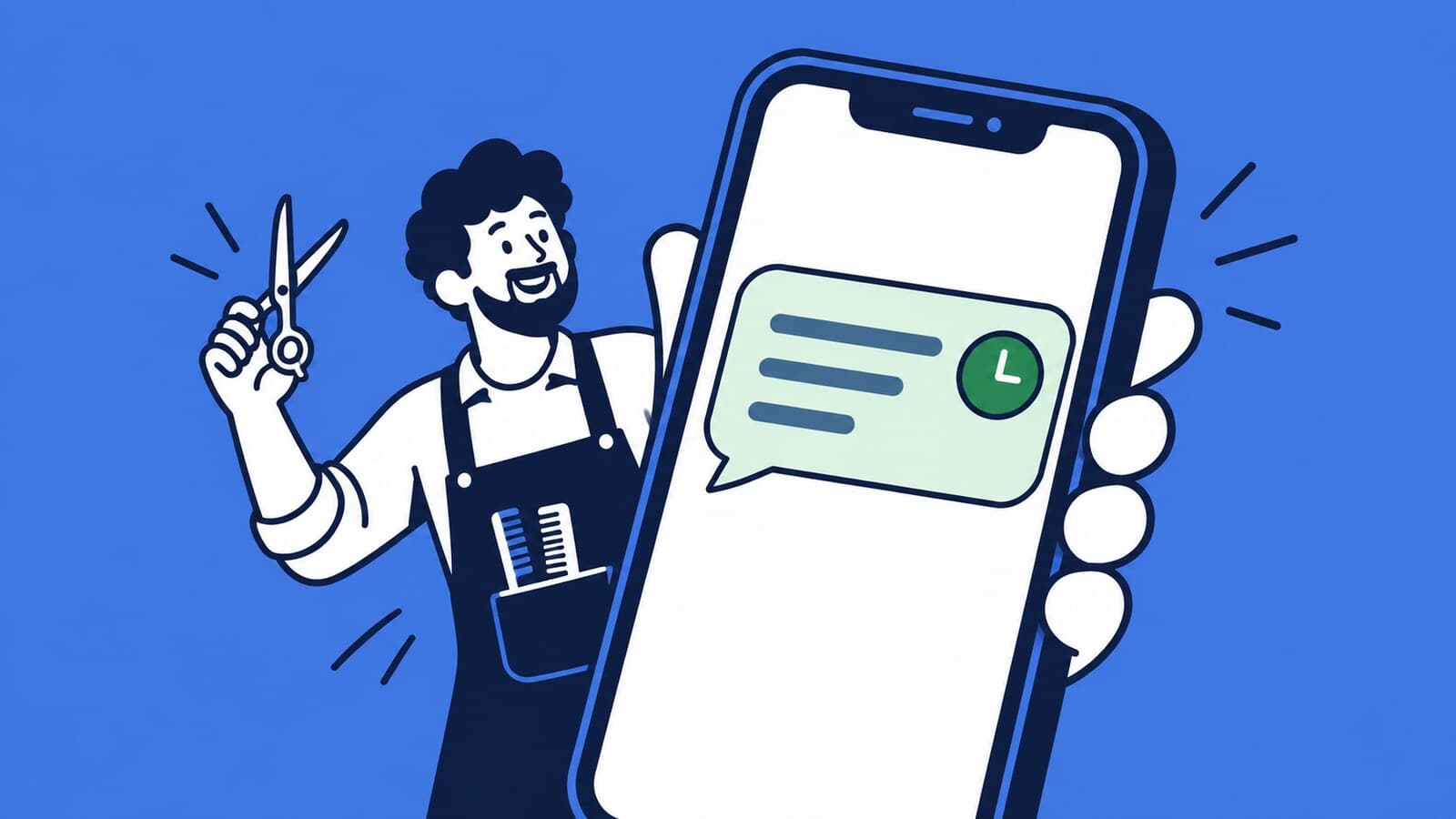 Ilustração em traço de um celular mostrando uma mensagem de lembrete de horário no WhatsApp, com um barbeiro sorrindo ao fundo segurando uma tesoura