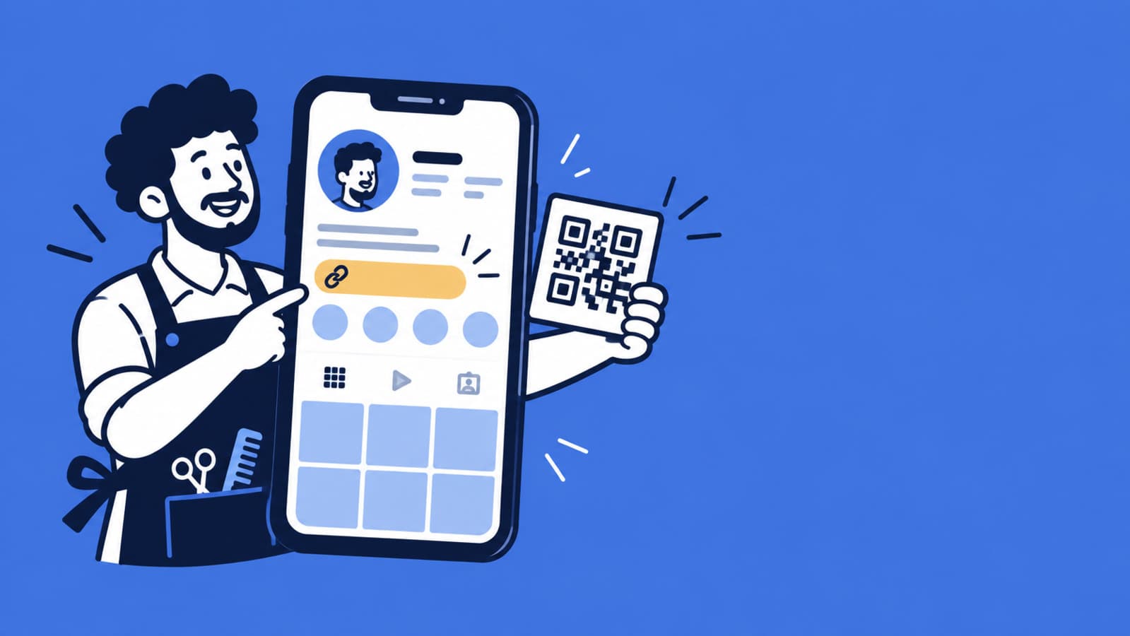 Ilustração em traço de um celular mostrando o perfil do Instagram de uma barbearia com o link na bio, ao lado de um QR code impresso