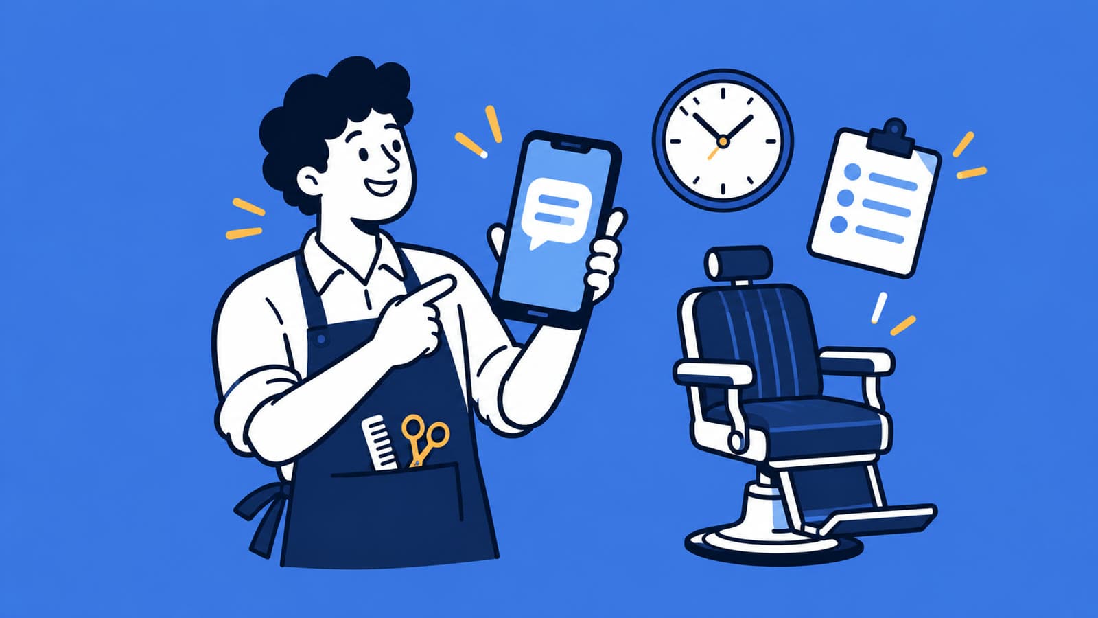Ilustração de um barbeiro de avental segurando um celular com uma mensagem, ao lado de uma cadeira vazia, um relógio e uma lista