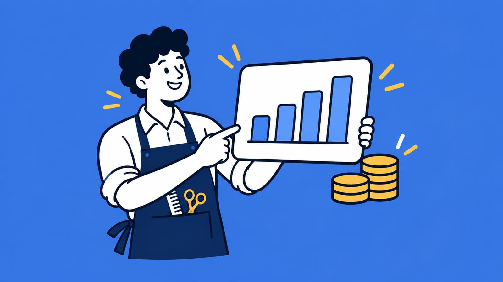 Ilustração de um barbeiro de avental apontando para um gráfico de barras crescentes, com uma pilha de moedas ao lado