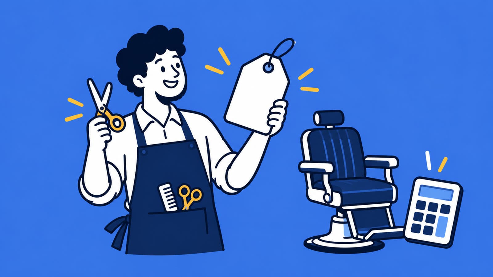 Ilustração de um barbeiro de avental segurando uma tesoura e uma etiqueta de preço, ao lado de uma cadeira e uma calculadora