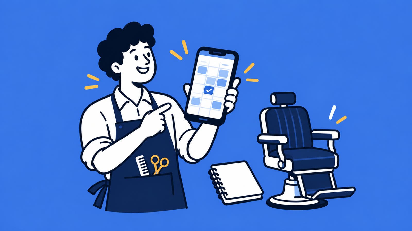 Ilustração de um barbeiro de avental mostrando um celular com a agenda da semana, ao lado de um caderno e uma cadeira de barbearia