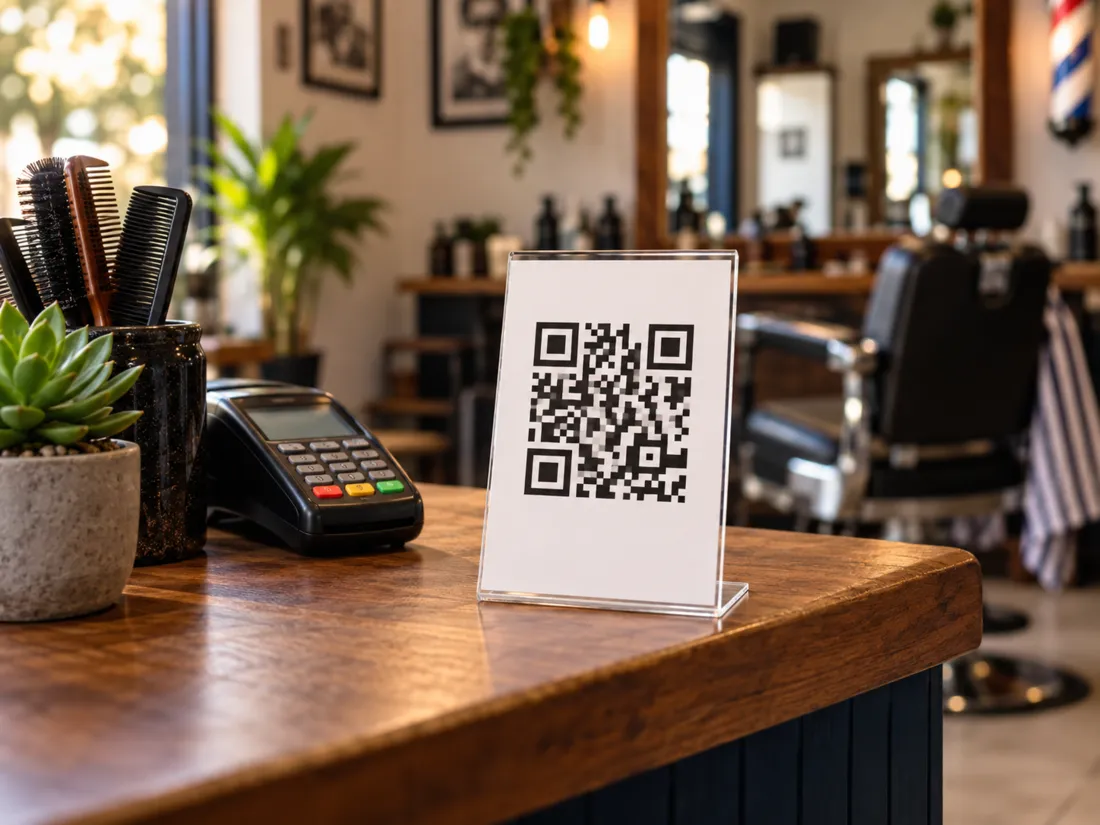 Placa de acrílico com QR Code no balcão da barbearia, ao lado da maquininha
