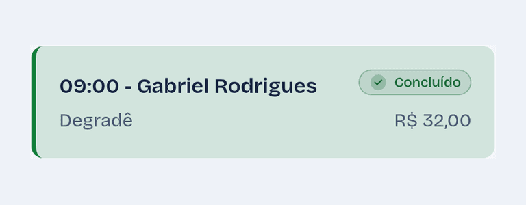 Atendimento concluído com valor e comissão do barbeiro calculada