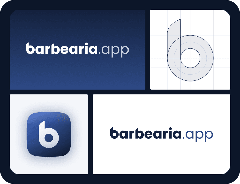 Quadro da marca barbearia.app: logo em fundo escuro e claro, construção do b em grade e ícone do app