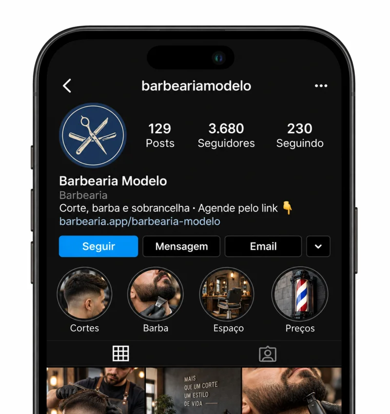 Perfil da Barbearia Modelo no Instagram com o link de agendamento na bio